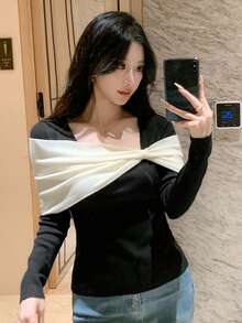 DAZY 女款撞色修身蝴蝶結裝飾長袖針織衫，秋冬款 - 黑色 - 查看 4