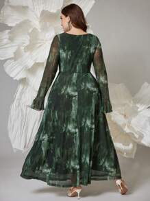 Modelyn Große Größenkleid im Batikoptik-Herz Ausschnitt Französischer Stil Elegant Langarm für Damen, elegantes A-Linien Kleid für Abendparty/Hochzeitsgast/Jahrestags Maxi Damen Outfit Lange Abendkleider