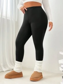 SHEIN EZwear 3 件套大码女式、羊毛紧身裤、保暖紧身裤、冬季女装、喇叭形松紧腰黑色紧身裤 - 黑色 - 查看 4