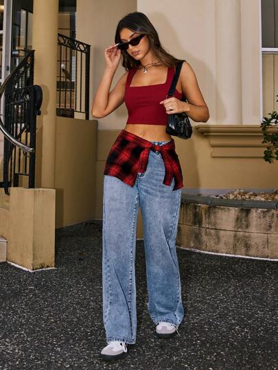 SHEIN EZwear Women Patchwork Checkered Knotted Loose Casual Denim Pants