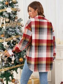 SHEIN Essnce Women's Loose Red And White Plaid Corduroy Coat,Christmas Autumn Long Sleeve Drop Shoulder Jacket With Pocket,Casual Stylish Occasion Commuting Wear - Multicolor - View 4