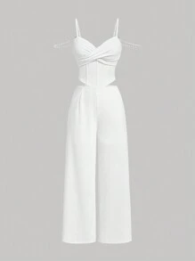 SHEIN MOD 大码优雅浪漫白色珍珠装饰细肩带紧身胸衣和阔腿裤两件套 - 白色 - 查看 1