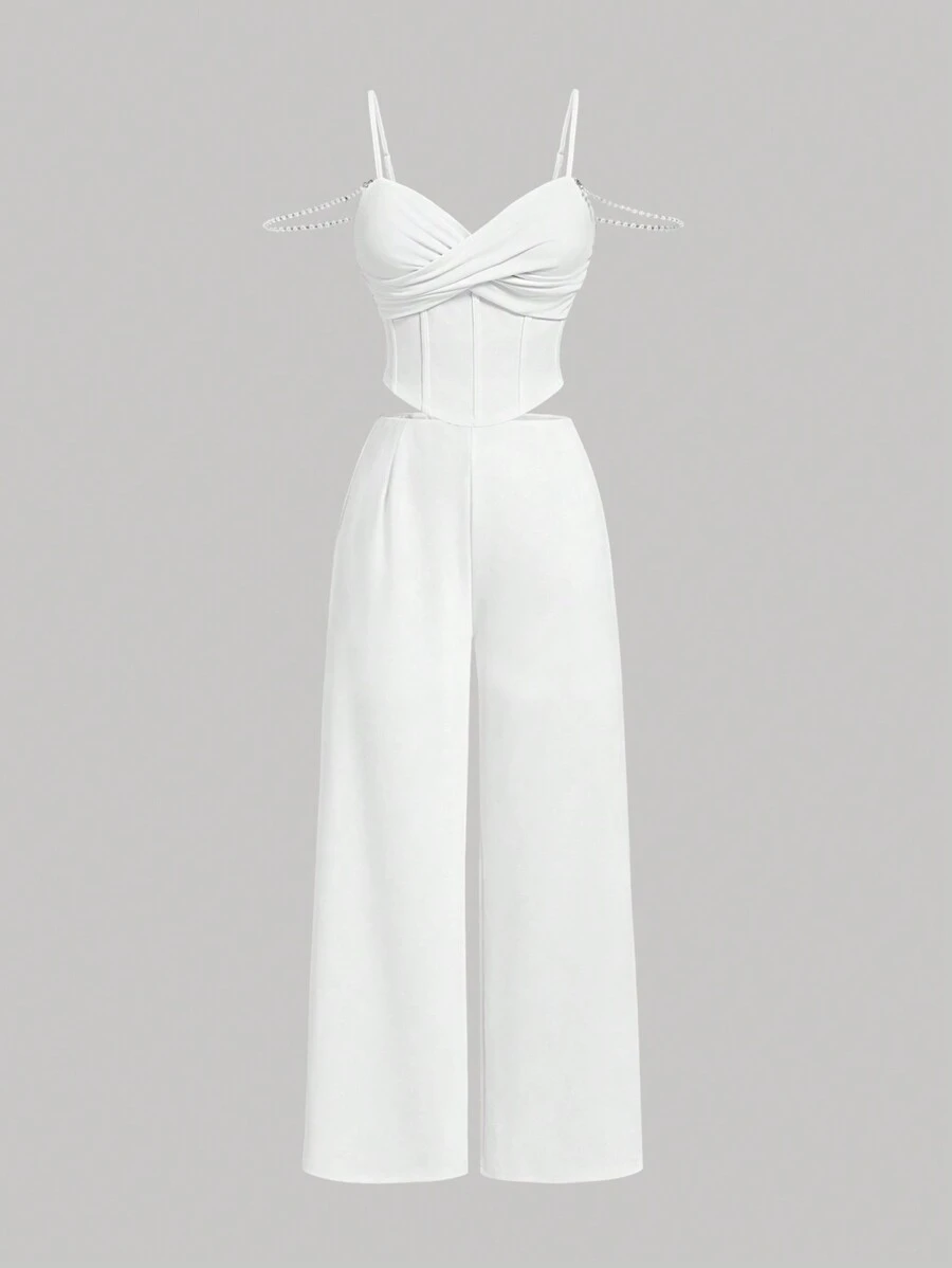 SHEIN MOD 大码优雅浪漫白色珍珠装饰细肩带紧身胸衣和阔腿裤两件套 - 白色 - 查看 1