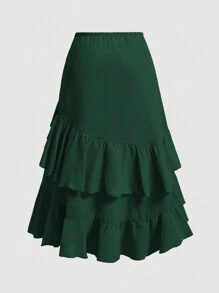 SHEIN MOD Falda de fiesta con volantes asimétricos, cordón de ajuste y multicapa para mujer de talla grande - Verde - Ver 2