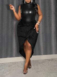 Slaydiva 大码两件套：无袖高领性感橙色PU连体裤+开衩橙色毛绒半身裙，秋冬款 - 黑色 - 查看 1