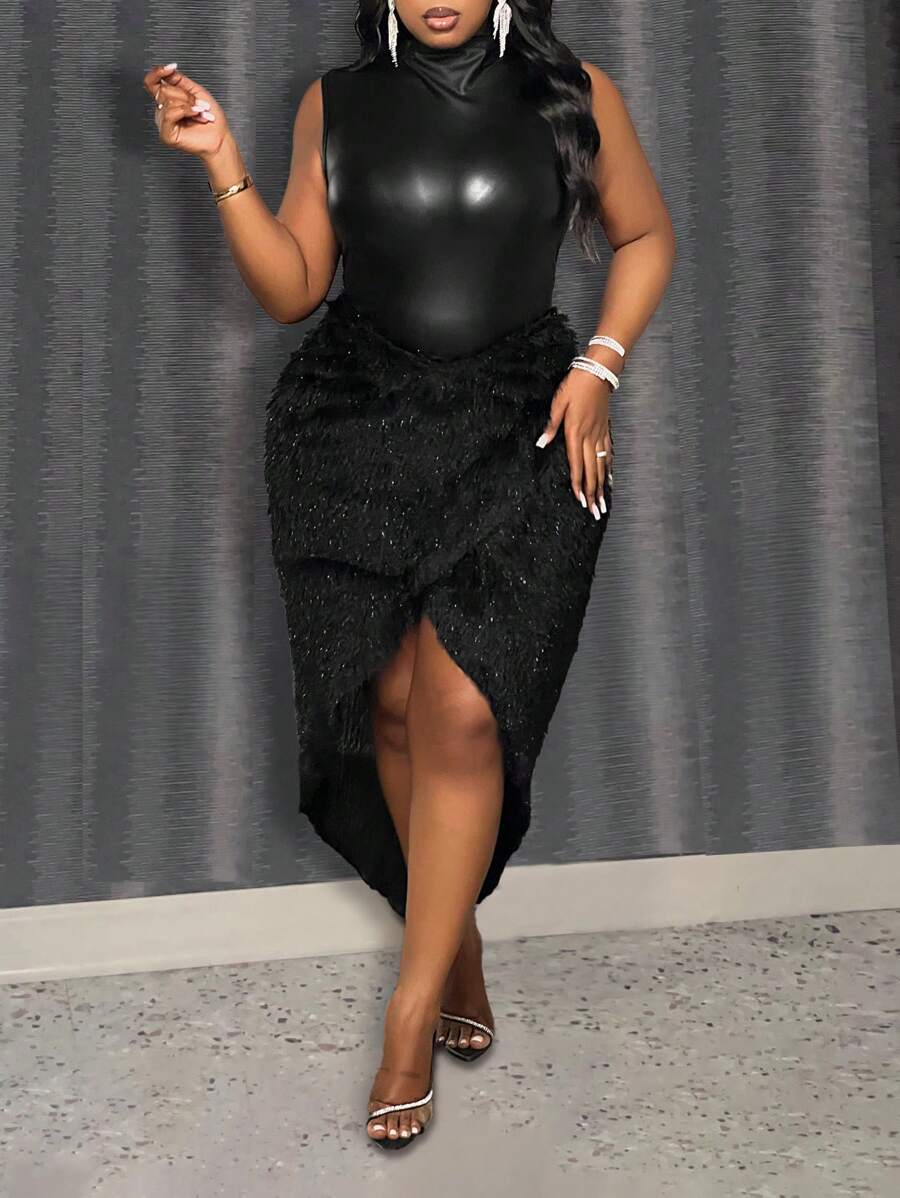 Slaydiva 大码两件套：无袖高领性感橙色PU连体裤+开衩橙色毛绒半身裙，秋冬款 - 黑色 - 查看 1