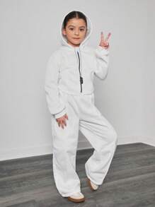 2 piezas Conjunto casual para niña (talla grande) blusa con capucha y pantalón de chándal blanco