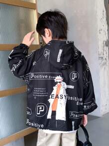 SHEIN Tween Boy Black Korean Style Loose Graphic Print Hoodie Jacket,Autumn Street Life Casual Graphic Street Fashion,School Back-To-School Outdoor Play - Multicolor - View 1