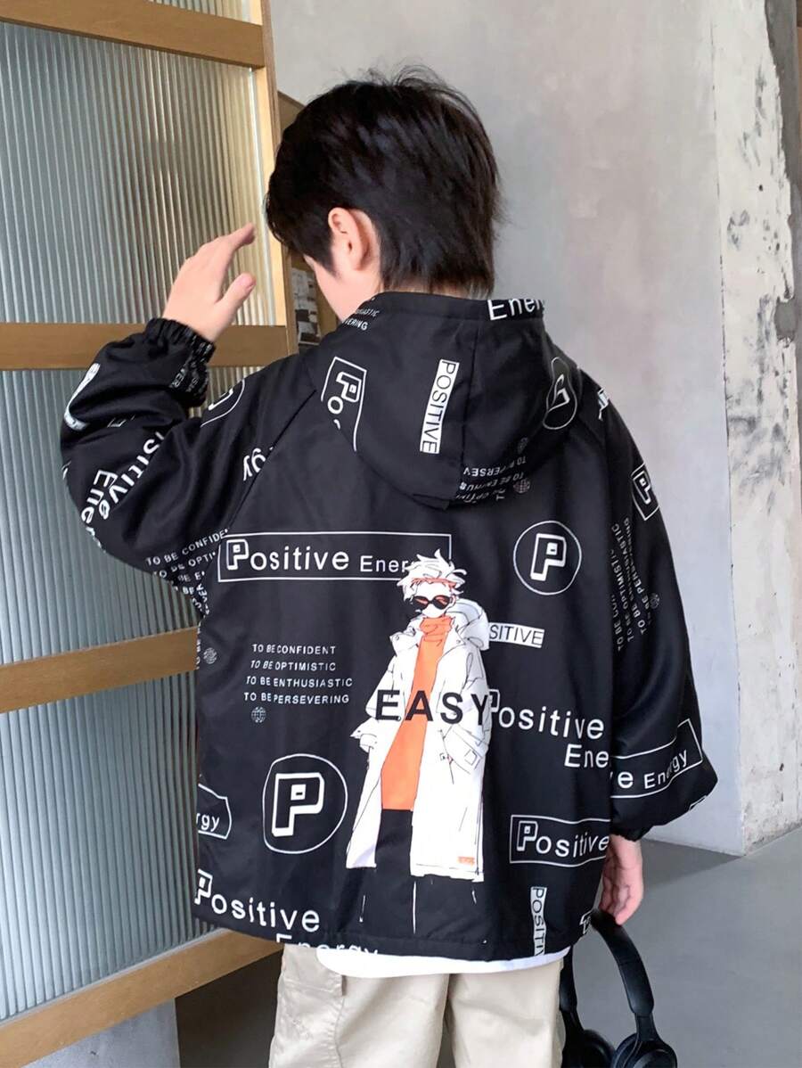 SHEIN Tween Boy Black Korean Style Loose Graphic Print Hoodie Jacket,Autumn Street Life Casual Graphic Street Fashion,School Back-To-School Outdoor Play - Multicolor - View 1