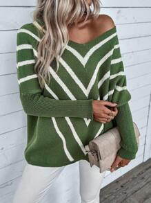 Chiquease Women's Loose Batwing Striped Knit Sweater Knit Pullover Fall Winter Outfit
