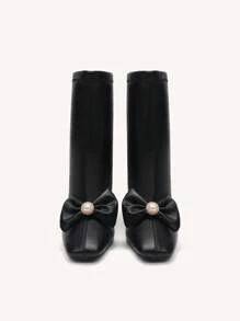 CUCCOO CHICEST 方头细高跟鞋复古设计蝴蝶结短靴搭配连衣裙，新款女式踝靴配后拉链秋季 - 黑色 - 查看 5