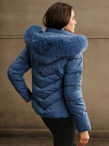 Anewsta Women's Fashionable Minimalist Solid Color Zip-Up Fluffy Trim Hooded Casual Jacket - Blue - View 5