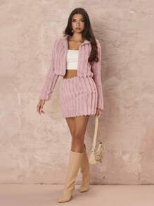 Zolique 2pcs/Set Sweet Furry Hooded Jacket & Skirt Winter Pink Women Snow Teddy Sets,Christmas 2pcs/Set Fall Cloth For Women