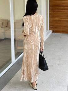 DAZY 2pcs Women Spring Autumn Solid Color Long Sleeve Button Pleated Blouse And Long Skirt Elegant Set,Fall Women Clothes - Khaki - View 2