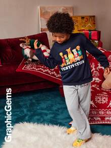 2pcs/Set Tween Boys Christmas Dog Sweatshirt Hooded Sweatshirt And Wide-Leg Sweatpants Set, Adjustable Hem