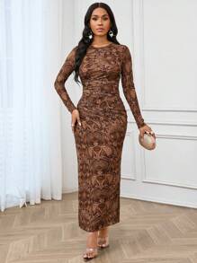 SHEIN Lady Four Season Party   Print  Women's Vintage Printed Pleated Dress Elegant Women Dresses Long Sleeve Dress Wedding Dress Guest Bridesmaid Dress  Fall Dresses Vintage Dress Burnt Orange Dress