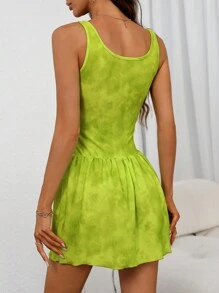 Chiquease 时尚性感破洞扎染印花无袖连衣裙 - 青檸色 - 查看 2