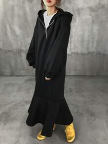 FRIFUL Women's Solid Color Zip Up Hooded Casual Long Sleeve Dress Fall,Winter - Black - View 5