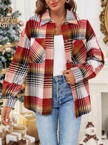 SHEIN Essnce Women's Loose Red And White Plaid Corduroy Coat,Christmas Autumn Long Sleeve Drop Shoulder Jacket With Pocket,Casual Stylish Occasion Commuting Wear - Multicolor - View 2