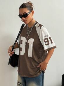 Flirla Patchwork Solid Color & Number Print Mesh Splice Loose Sports T-Shirt, Spring&Summer Graphic Tees Women Tops - Coffee Brown - View 5