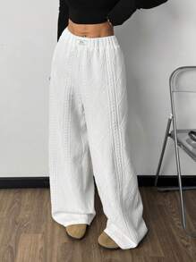 Muchica 白色编织女士休闲阔腿字母印花长裤，宽松裤 - 白色 - 查看 3