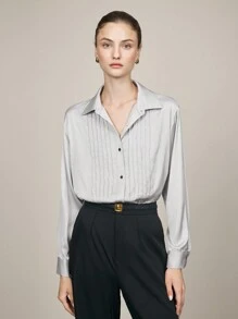BizChic Grey Satin Finish Long Sleeve Blouse, Elegant Women's Outwear For Party, Holiday, Christmas, New Year, Autumn/Winter, - Grey - View 3