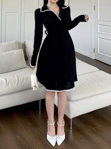 Feyla Women's Contrast Color Patchwork Front Button Long Sleeve Minimalist Short Dress - Black - View 6
