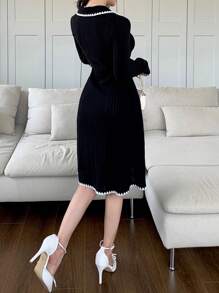 Feyla Women's Contrast Color Patchwork Front Button Long Sleeve Minimalist Short Dress - Black - View 4