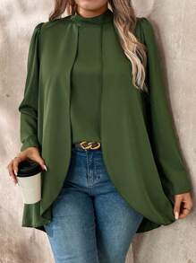 EMERY ROSE Áo cánh tay bồng cổ đứng màu trơn thanh lịch mùa xuân và thu cỡ lớn cho nữ - xanh quân đội - Xem 1