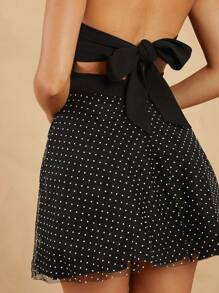 L'Amorae Drop Waist Polka Dot Mesh Insert Sweetheart Neck Dress