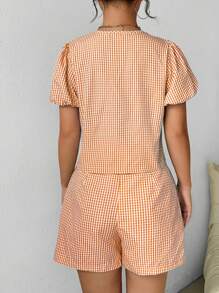 Chiquease 2 件套女士夏季格子系带泡泡袖衬衫和短裤休闲宽松套装 - 橘色 - 查看 2