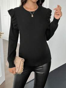 SHEIN Pregnant Women Solid Color Crew Neck Long Sleeve Patchwork Ruffle Casual Sweater, Fall/Winter, For Maternity - Black - View 5