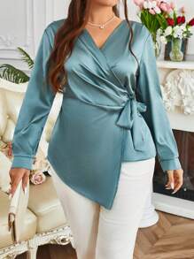 SHEIN Unity Plus Size Women's Solid Color V-Neck Twist Side Waist Long Sleeve Blouse, Spring Summer - Green - View 7