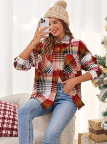 SHEIN Essnce Women's Loose Red And White Plaid Corduroy Coat,Christmas Autumn Long Sleeve Drop Shoulder Jacket With Pocket,Casual Stylish Occasion Commuting Wear - Multicolor - View 3