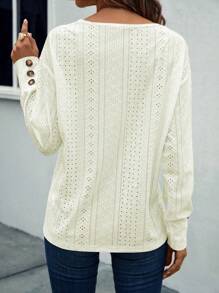 SHEIN LUNE Women's V-Neck Dropped Shoulder Long Sleeve Button Embroidered Casual T-Shirt, Spring Autumn