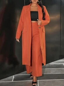 Slaydiva Women Plus Size Brown Solid Color Blazer And Pants Suit, Business Commute - Rust Brown - View 2