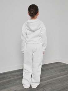 2 piezas Conjunto casual para niña (talla grande) blusa con capucha y pantalón de chándal blanco