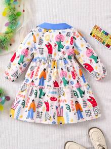 SHEIN Young Girls Blue Collar Portrait Painting Pattern Colorful Fashionable Dress, Suitable For Spring & Autumn - Multicolor - View 2