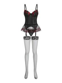 5pack Embroidery Mesh Underwire Corset Lingerie Set & Stockings - Multicolor - View 5