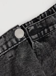 SHEIN Girlism 少女纯色水洗 Y2K 风格不对称搭扣设计牛仔短裙，适合夏季度假、返校季和街头穿着 - 黑色 - 查看 3