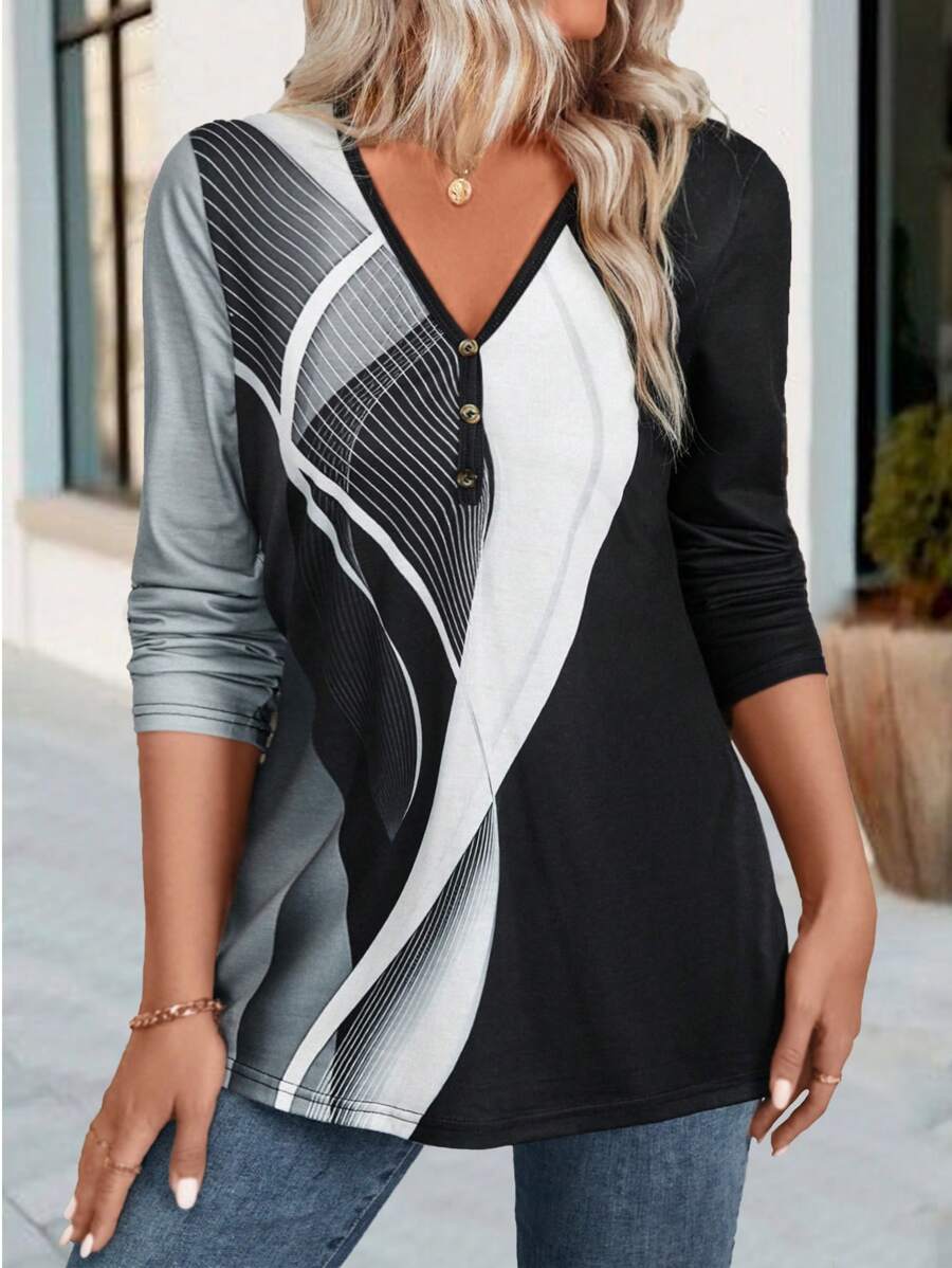 EMERY ROSE تي شيرت تي بأكمام طويلة وياقة على شكل حرف V للنساء مع طباعة خط هندسي وألوان مختلفة ، خريف