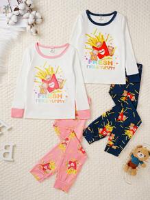 2pcs Young Boy Casual White Fries Bear Print Snug Fit Long Sleeve Top And Pants Loungewear Set - White - View 1
