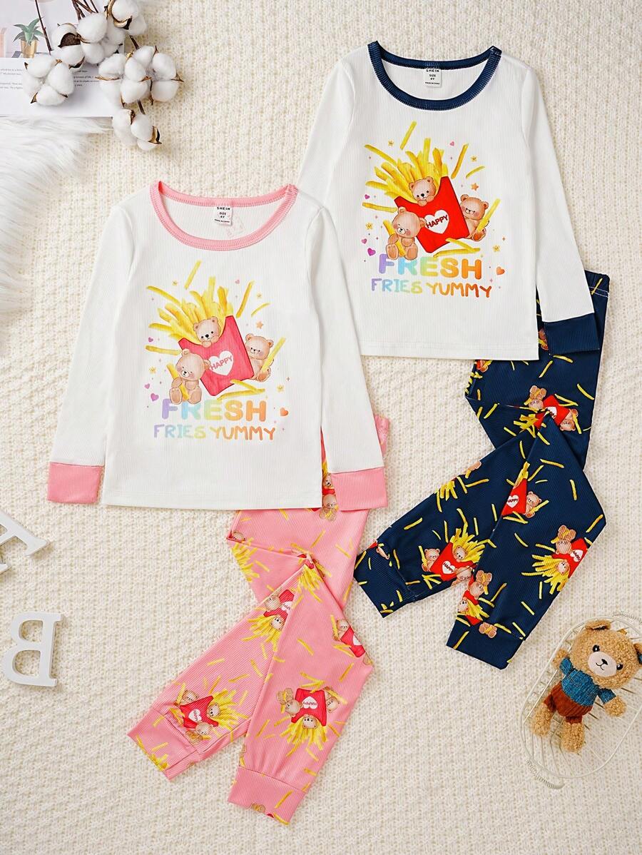 2pcs Young Boy Casual White Fries Bear Print Snug Fit Long Sleeve Top And Pants Loungewear Set - White - View 1