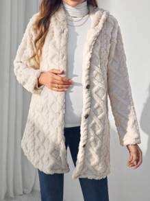 SHEIN Maternity Solid Button Front Hooded Fleece, Hooded Fleece Jacket, For Winter