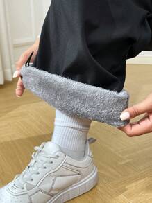 SHEIN EZwear 大码女式松紧腰休闲黑色长裤，带口袋 - 黑色 - 查看 3