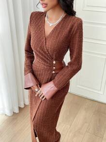 Modelyn 女士纯色 V 领交叉褶饰优雅长袖连衣裙长款晚礼服 - 咖啡棕 - 查看 5