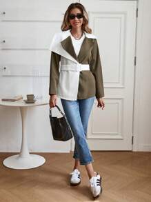 SHEIN Clasi 秋季休闲拼色拼接系腰带翻领细节风衣 - 棕色 - 查看 6