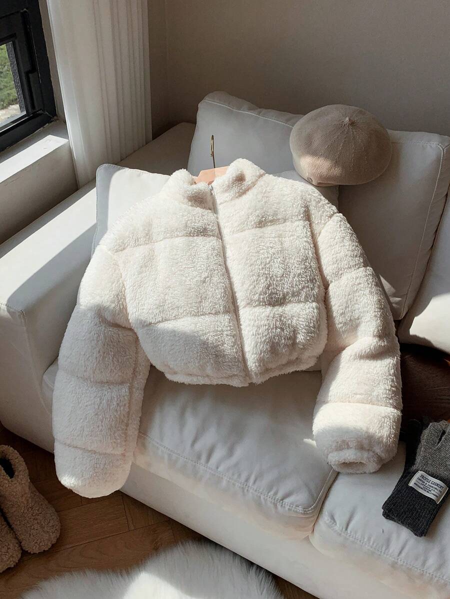 Comfortcana 女式 Sherpa Plus 羊毛厚立领短款羽绒夹克 冬季