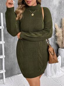 EMERY ROSE Plus Size Turtleneck Long Sleeve Cable Knit Sweater Dress - Army Green - View 1
