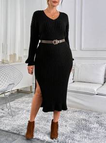 SHEIN Clasi Plus Size Lantern Sleeve Long Ribbed Sweater Dress - Black - View 3